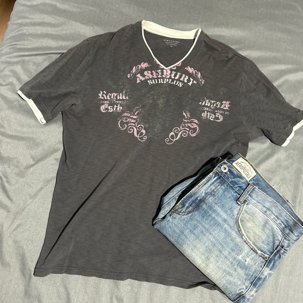 Gray Graphic T-Shirt and Blue Jeans Set